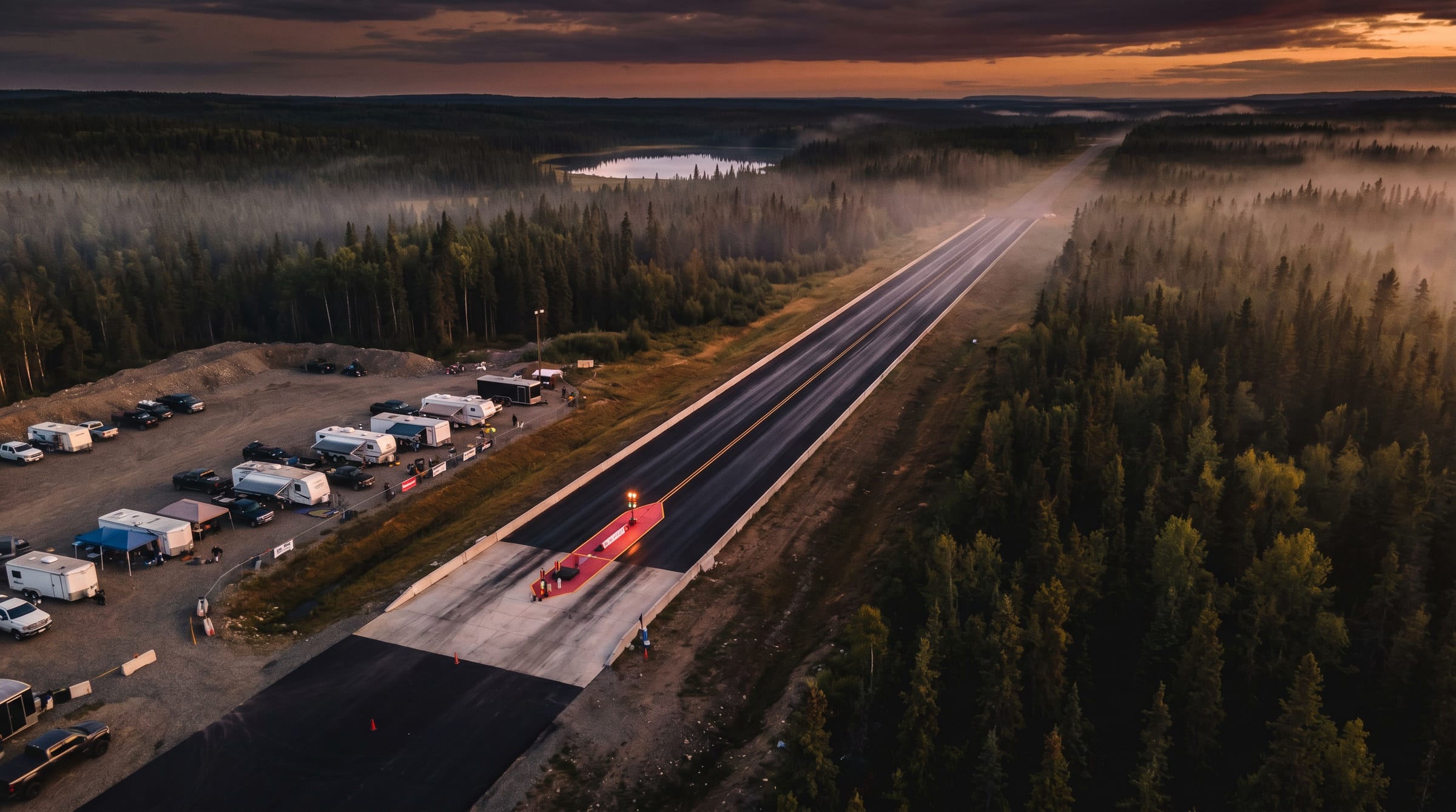 Aerial view of the NITRO Motorsports Park quarter-mile drag strip cutting through the northern British Columbia boreal forest at golden hour.
