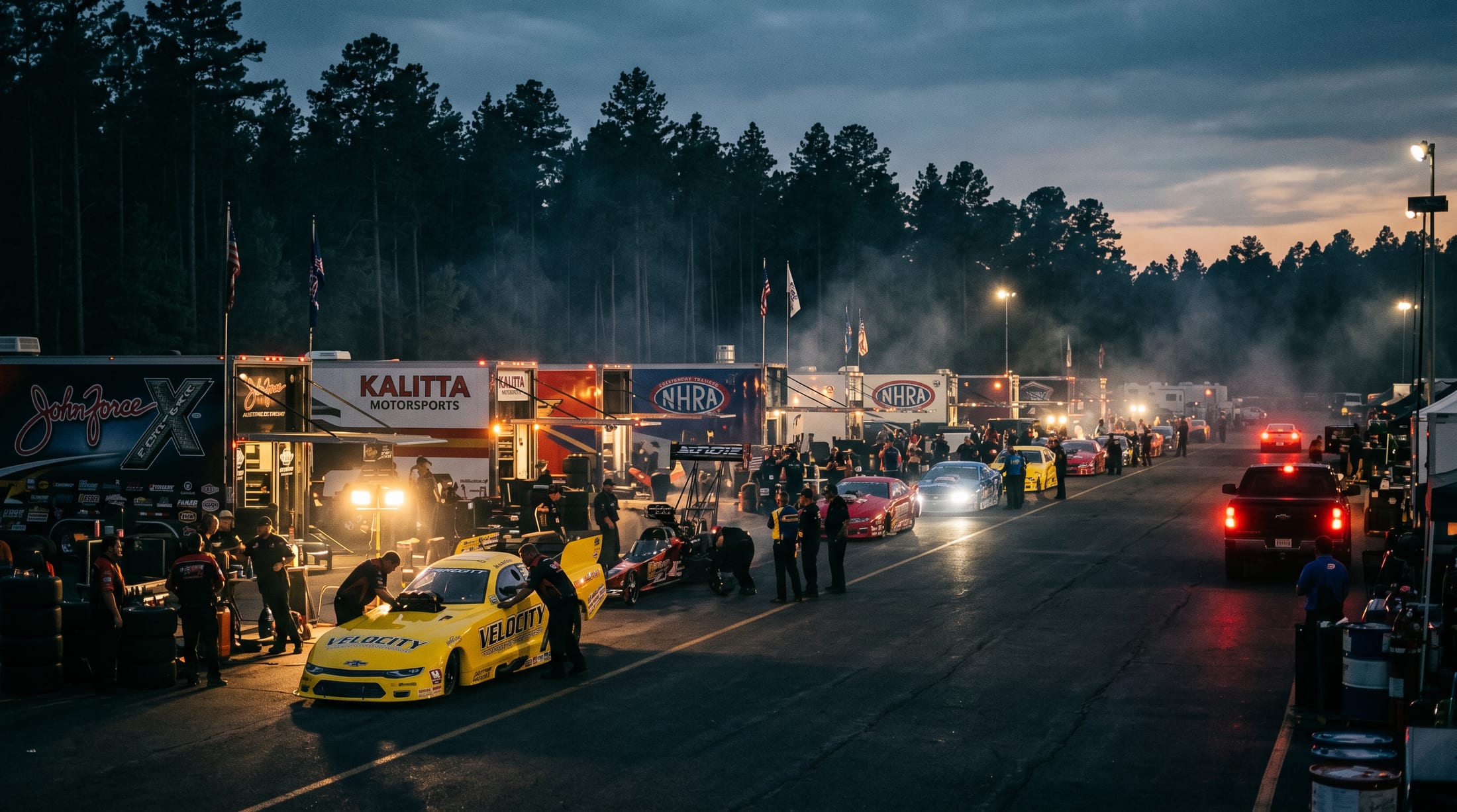 Pit lane at dusk with pickup trucks, open trailers and crews prepping cars at NITRO Motorsports Park.
